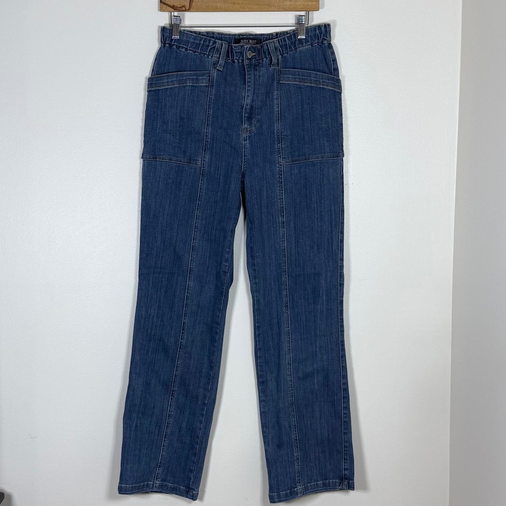 Judy Blue Womens Straight Leg Jeans 11/30 Blue Medium Wash Patch Pockets Utility